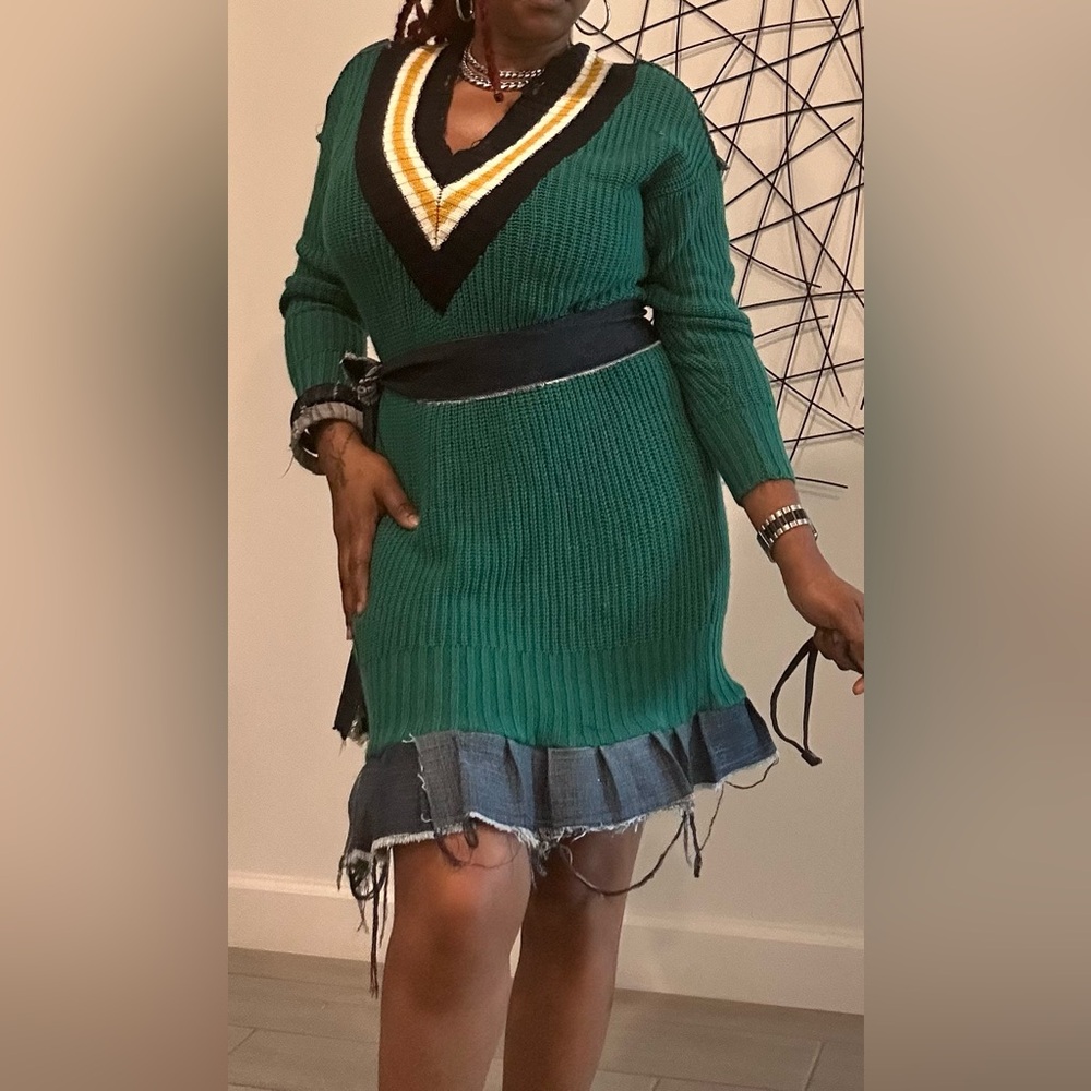 Custom Green Knit Dress with Denim Accents